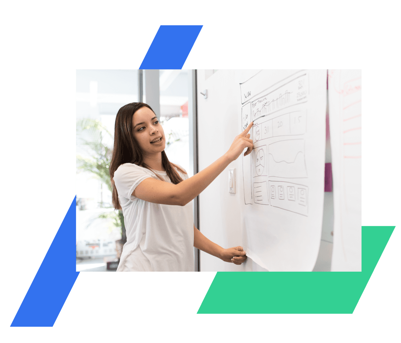 A woman poiting to notes on a whiteboard