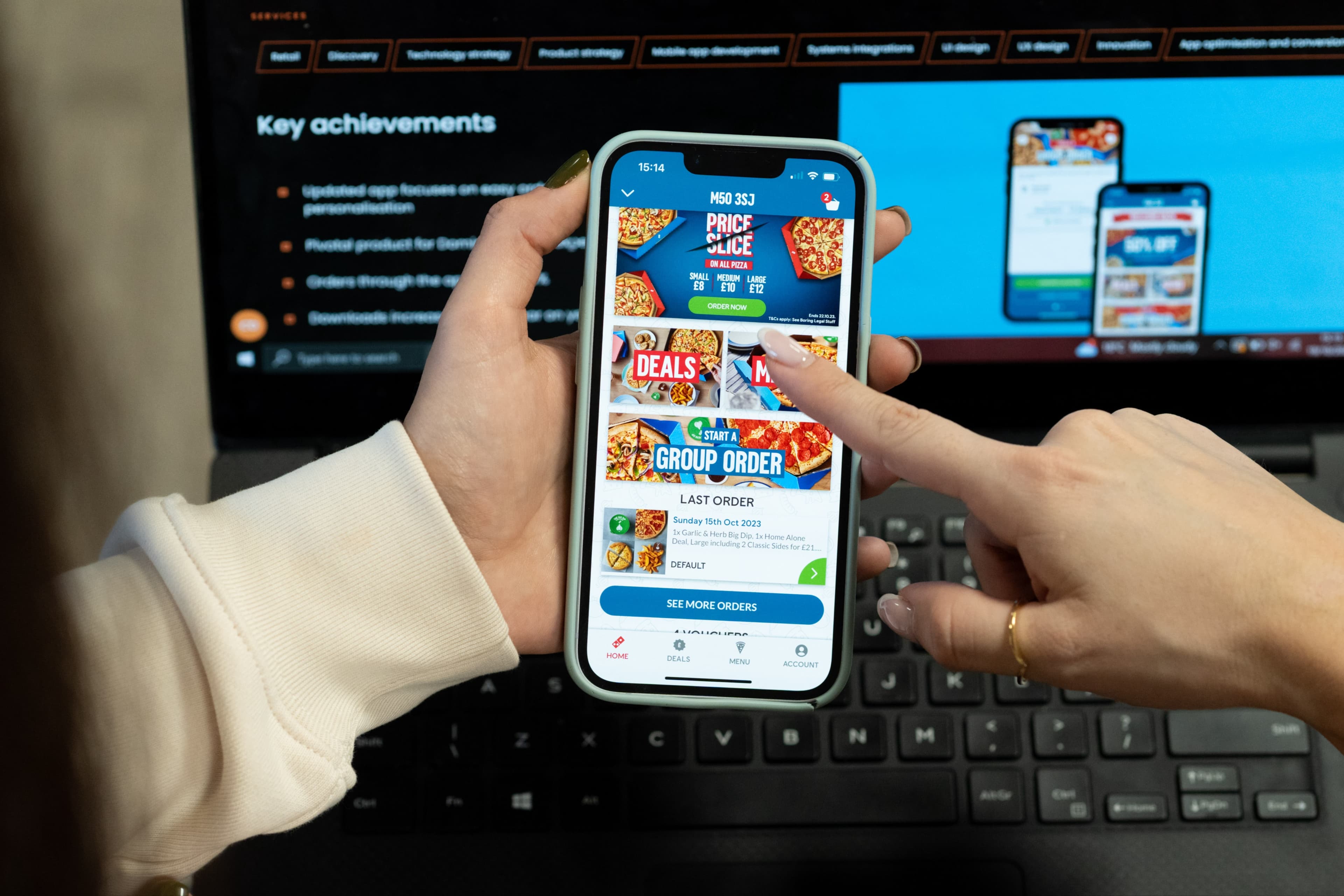 Close up photo of Domino's app in use