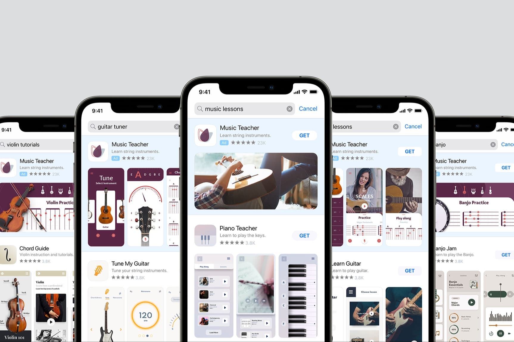 Musical app listings displayed on mobile phones