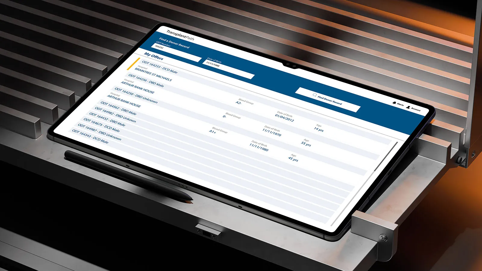 A tablet device displaying the NHS Organpath app