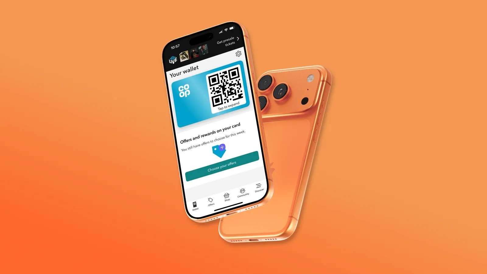 A mobile phone showing the Co-op digital wallet, on an orange background.