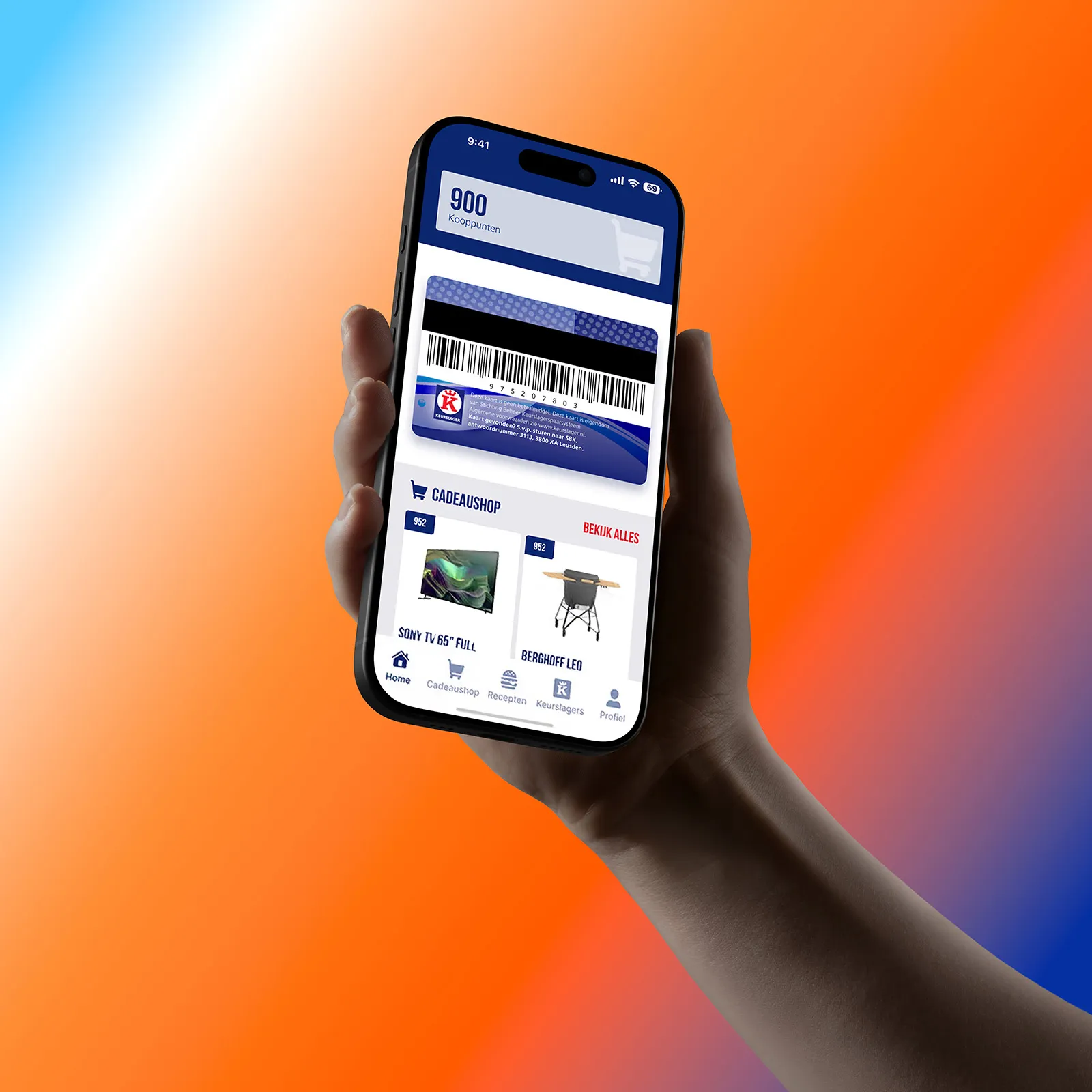 Keurslager app on a phone, against an orange background.