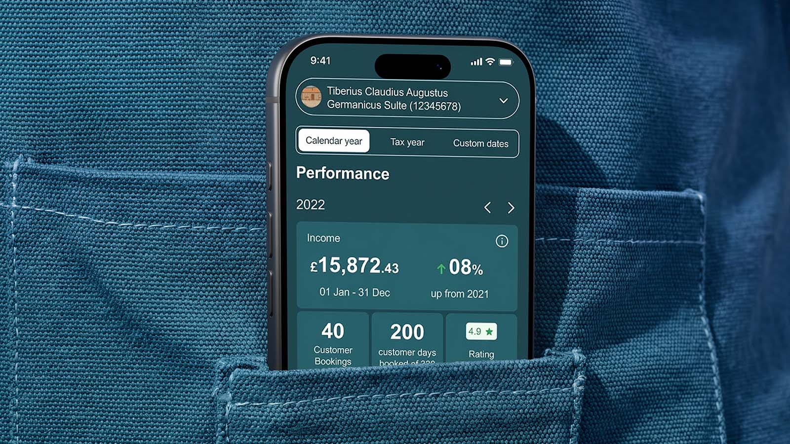 A mobile phone displaying the Sykes Owner app peeks out of a blue bag.