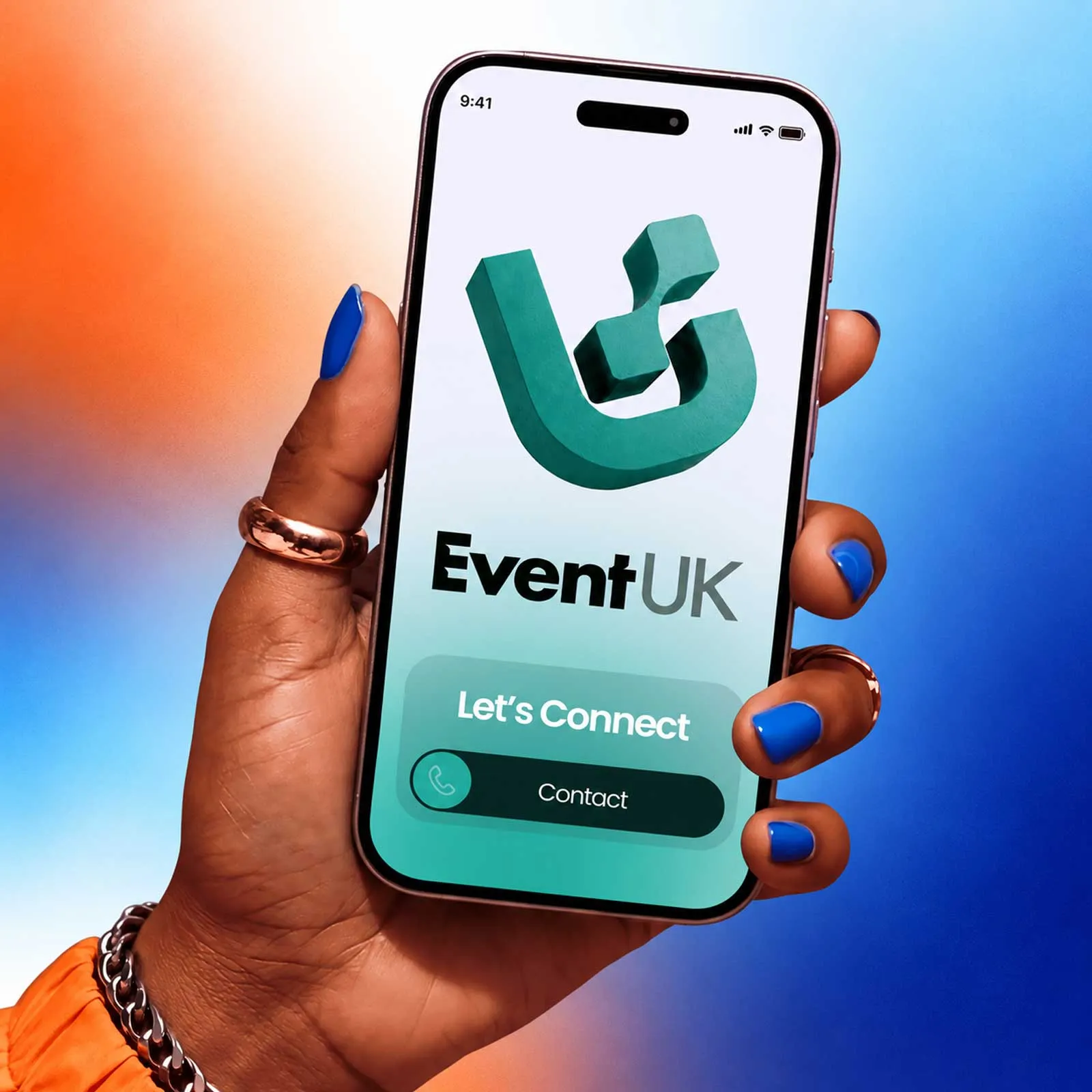 Hand holding a smartphone displaying the Event UK app.