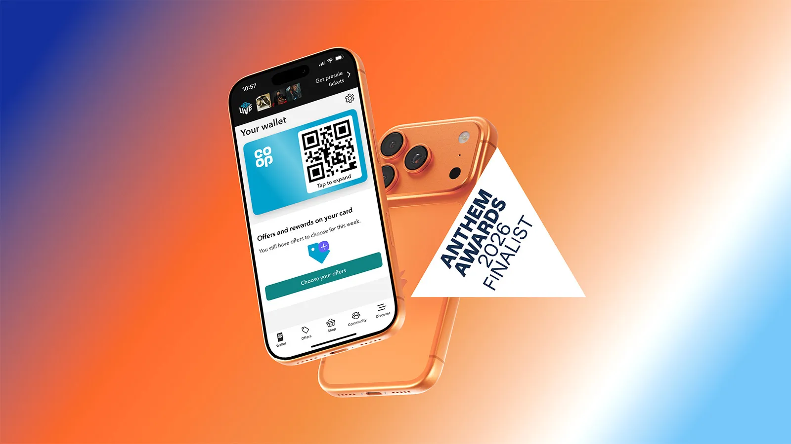 A smartphone displays a digital wallet QR code beside an orange phone and “Anthems Awards 2026 Finalist” logo, set against a vivid gradient background.